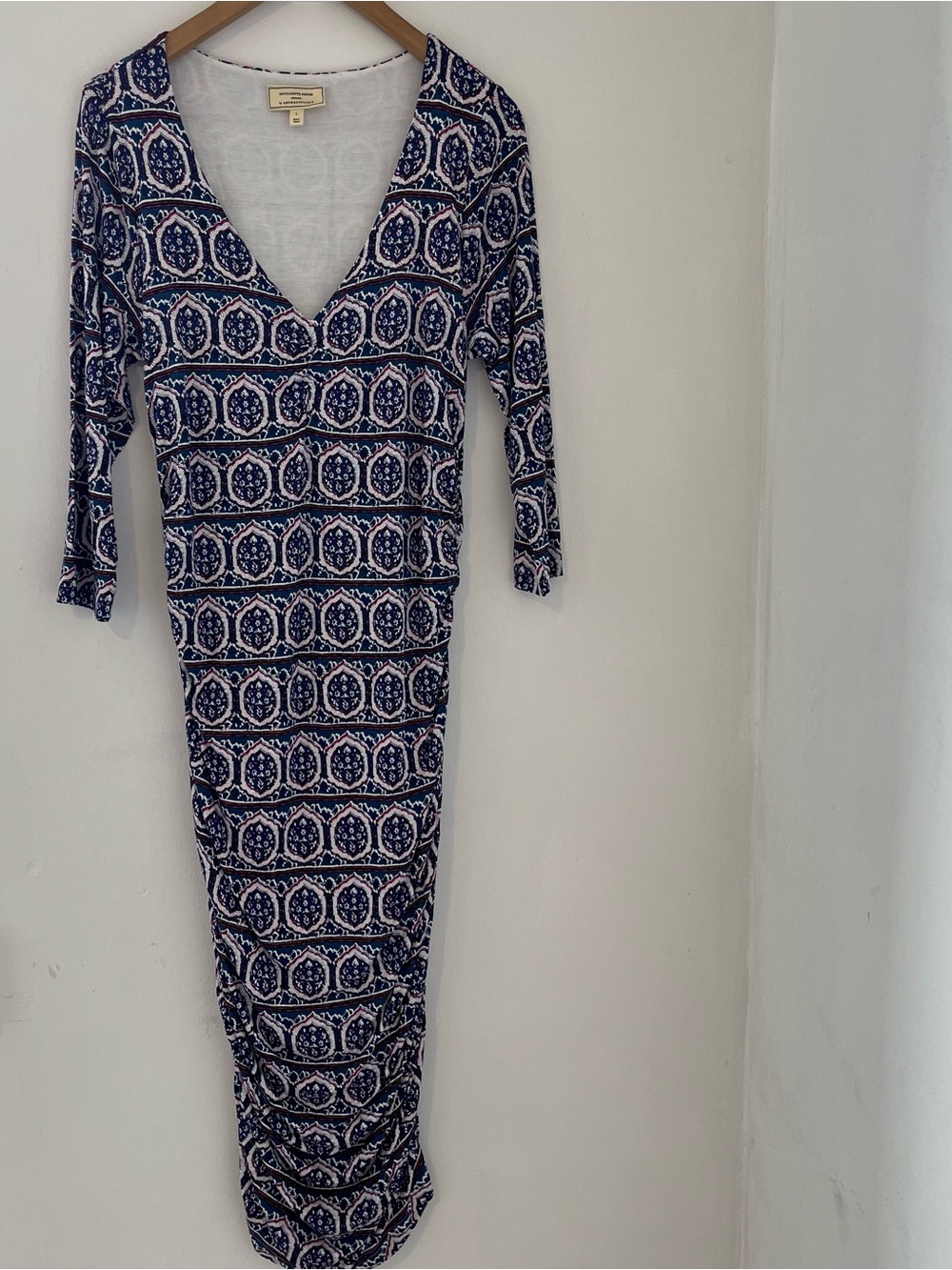 Anthropologie Moulinette Soeurs Navy and White Midi V-Neck Printed Dress